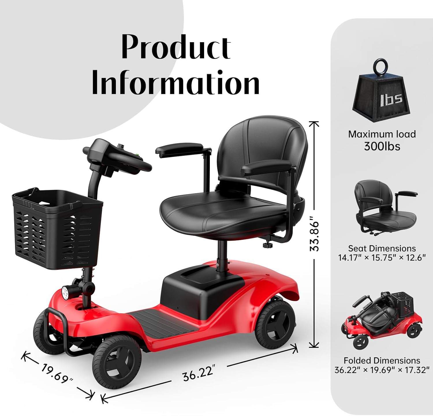 Mobility Scooter for Adults,4 Wheel Mobility Scooter,15 Miles Range,300W Battery,Red