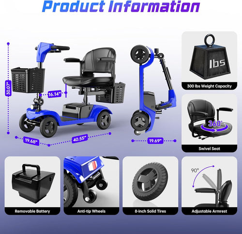 Mobility Scooter for Seniors,Motorized Scooter,Detachable Battery,Dual Baskets, Blue