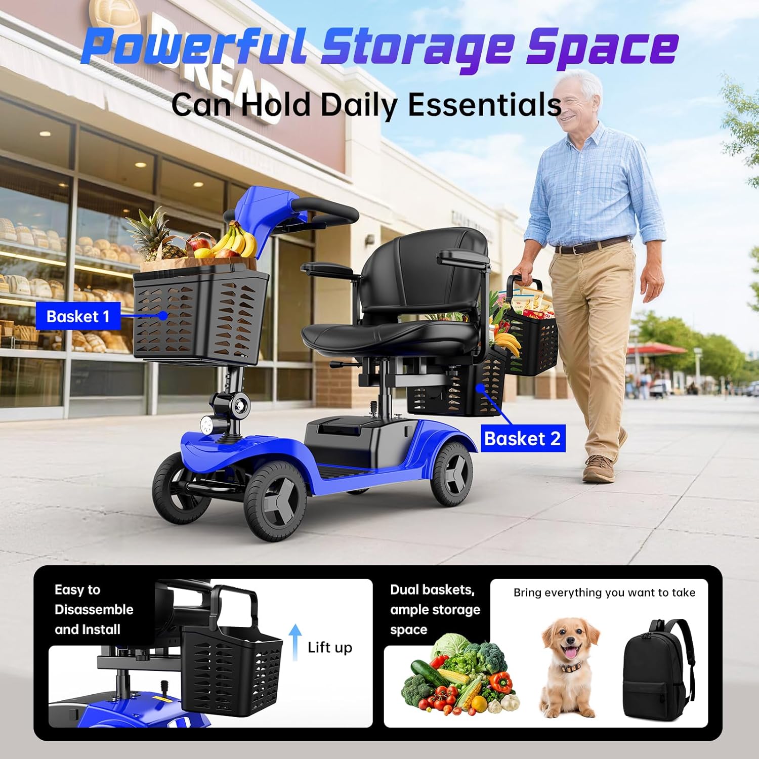 Mobility Scooter for Seniors,Motorized Scooter,Detachable Battery,Dual Baskets, Blue