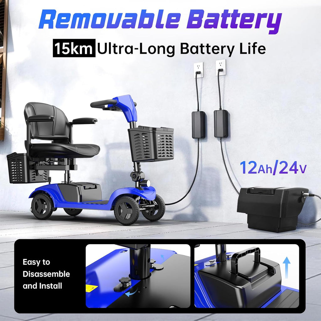 Mobility Scooter for Seniors,Motorized Scooter,Detachable Battery,Dual Baskets, Blue