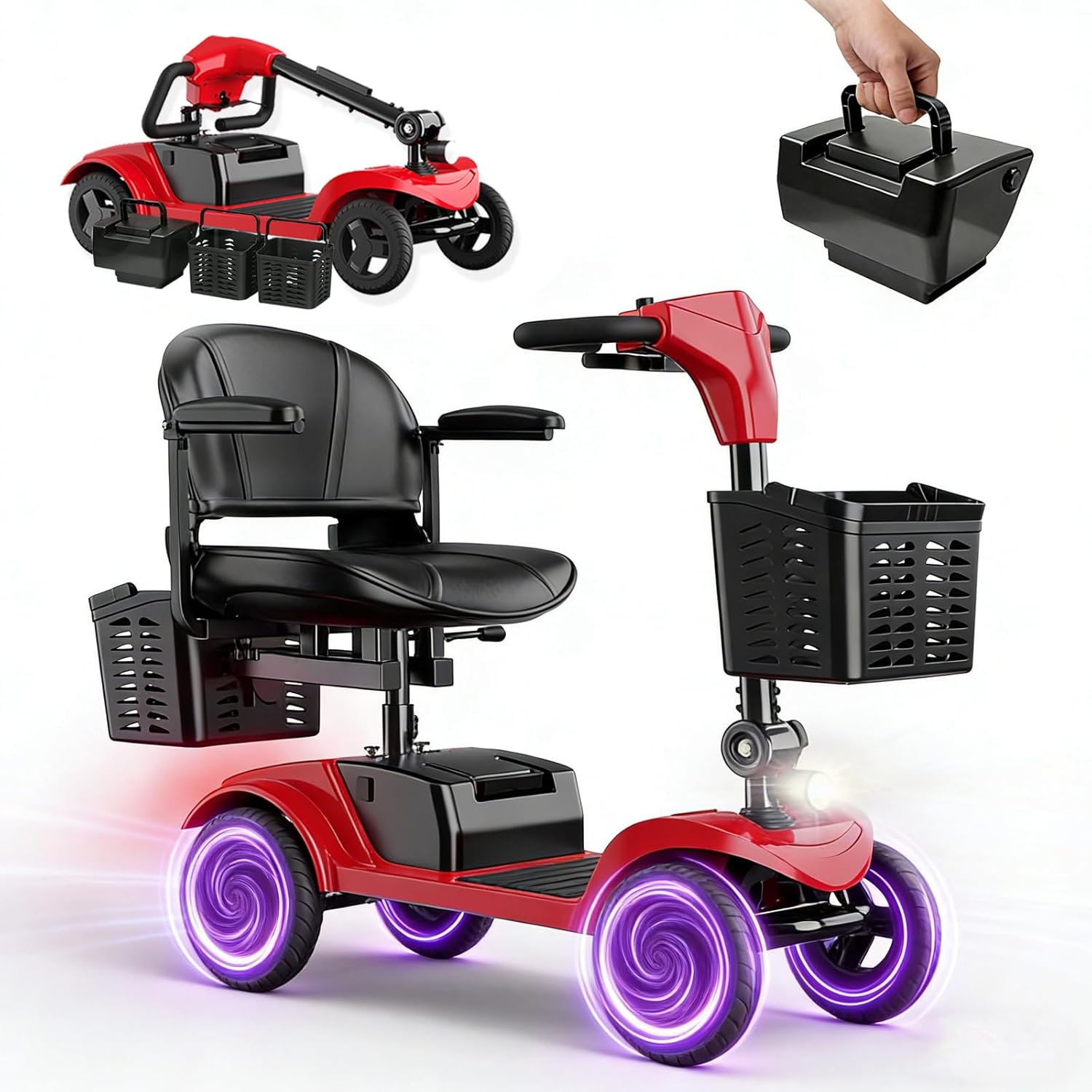 Mobility Scooter for Seniors,Motorized Scooter,Detachable Battery,Dual Baskets,Red