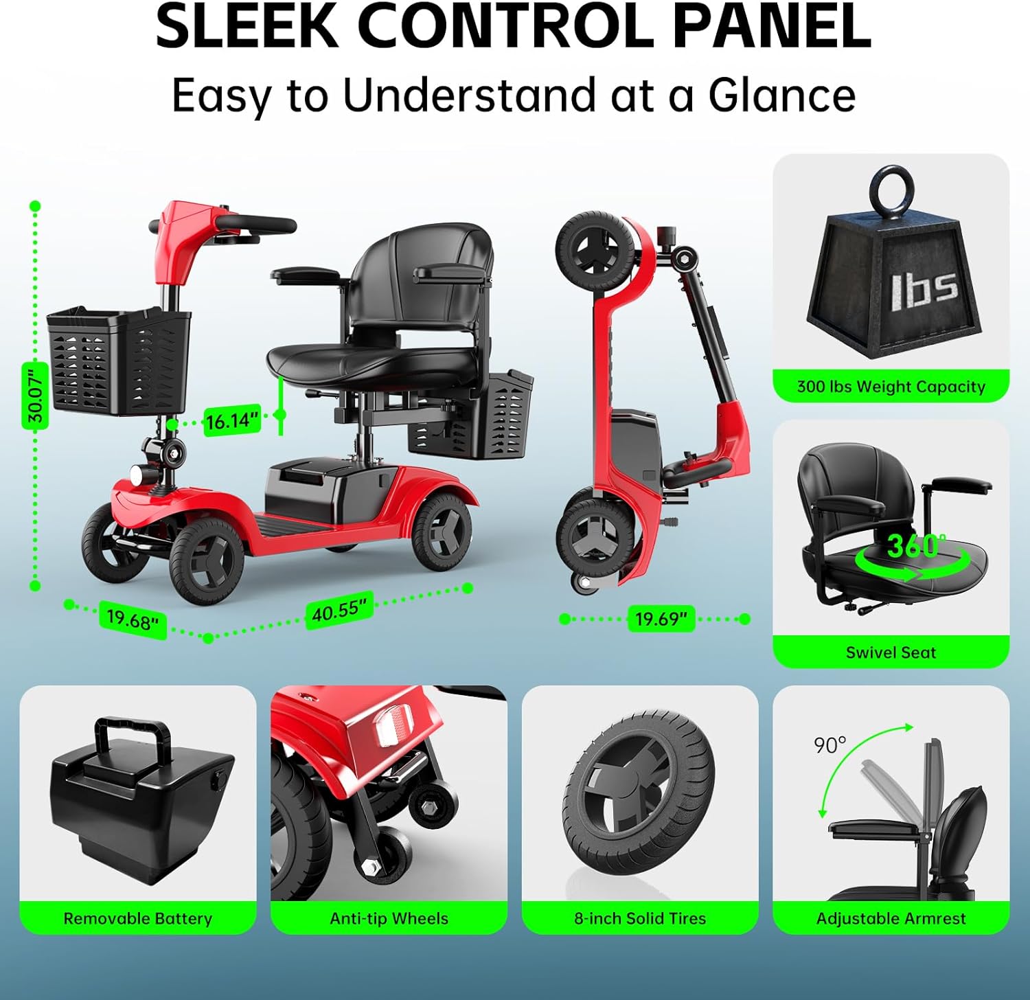 Mobility Scooter for Seniors,Motorized Scooter,Detachable Battery,Dual Baskets,Red