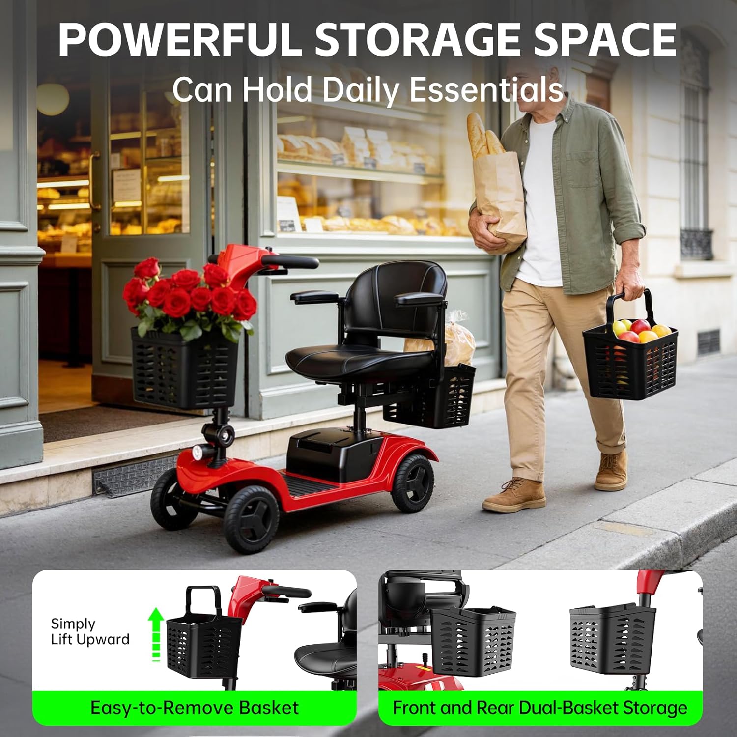 Mobility Scooter for Seniors,Motorized Scooter,Detachable Battery,Dual Baskets,Red