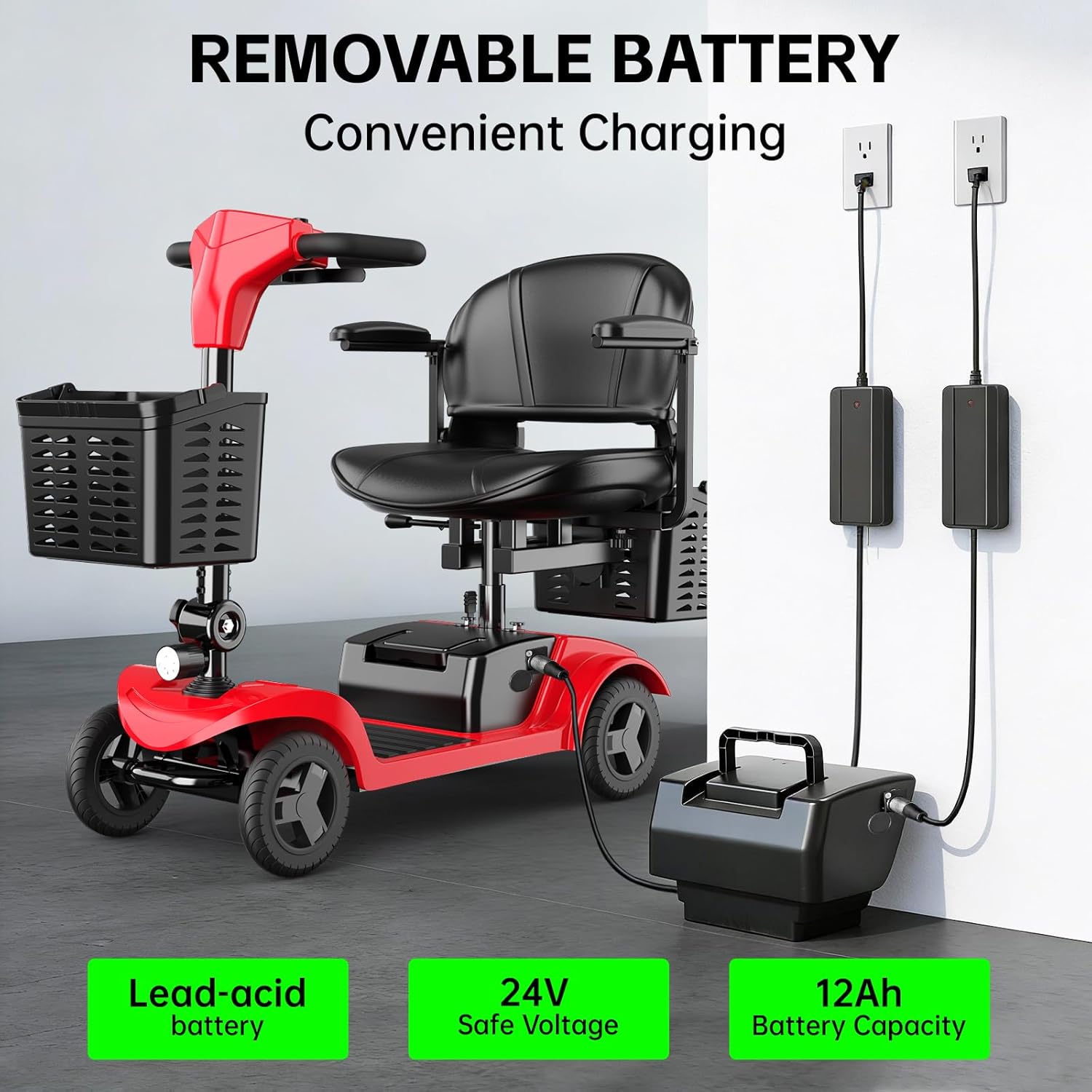 Mobility Scooter for Seniors,Motorized Scooter,Detachable Battery,Dual Baskets,Red