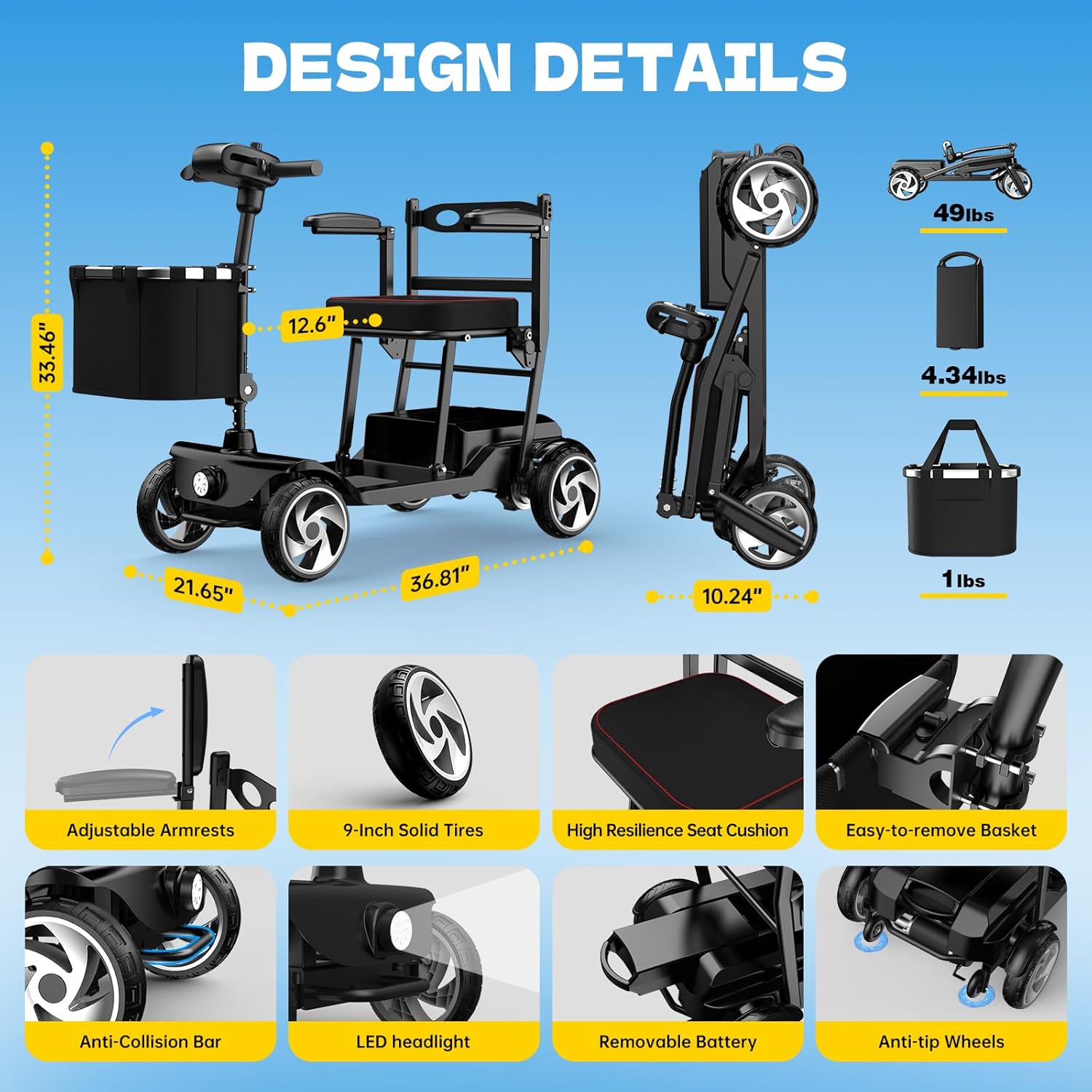 Mobility Scooters for Seniors,49 Lbs Lightweight Mobility Scooter,Upgraded Removable Battery,Black