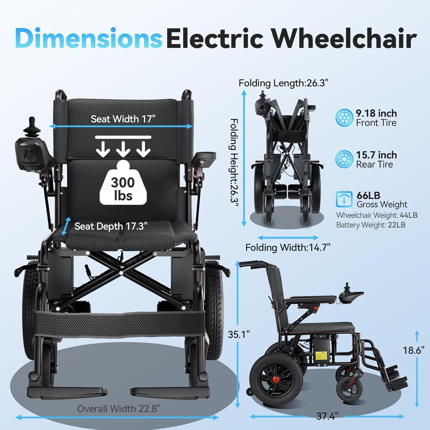 Electric Wheelchair for Adults - 15 Miles Long Travel Range, Lightweight Folding, Motorized Power Chair for Indoor/Outdoor Mobility - Compact Size